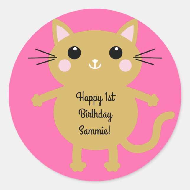Cat Cute Kitty Kid's Birthday Party Theme Classic Round Sticker (Front)