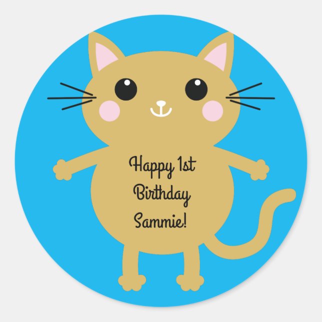 Cat Cute Kitty Kid's Birthday Party Theme Classic Round Sticker (Front)