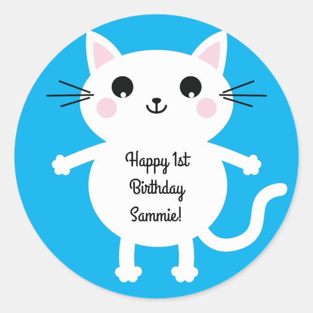 Cat Cute Kitty Kid's Birthday Party Theme Classic Round Sticker (Front)