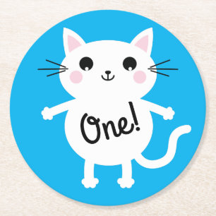 Cat Cute Kitty Kid's Birthday Party Theme Round Paper Coaster