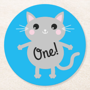 Cat Cute Kitty Kid's Birthday Party Theme Round Paper Coaster