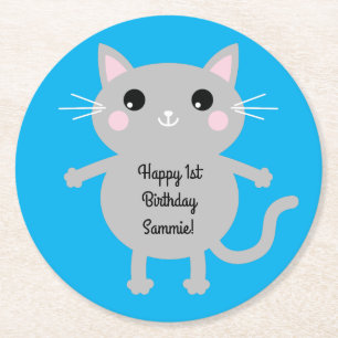 Cat Cute Kitty Kid's Birthday Party Theme Round Paper Coaster