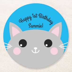 Cat Cute Kitty Kid's Birthday Party Theme Round Paper Coaster