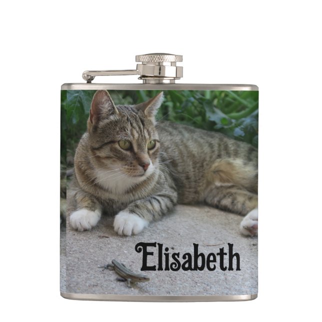 cat, cute, pet, grey, furry, domestic, feline, you hip flask (Front)