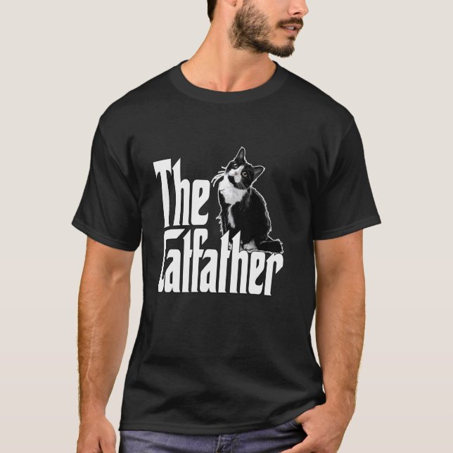 Cat Dad The Catfather Cute Black and White Cat Fat T-Shirt (Front)