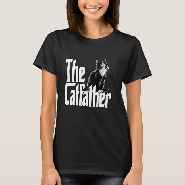 Cat Dad The Catfather Cute Black and White Cat Fat T-Shirt (Front)