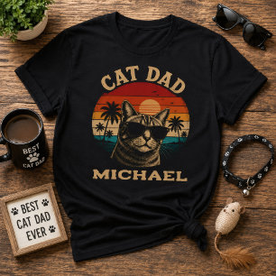 Cat Dad Vintage Retro Sunset Tropical Beach T-Shirt