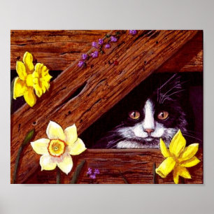 Cat Daffodils Barn Original Art Creationarts Poster