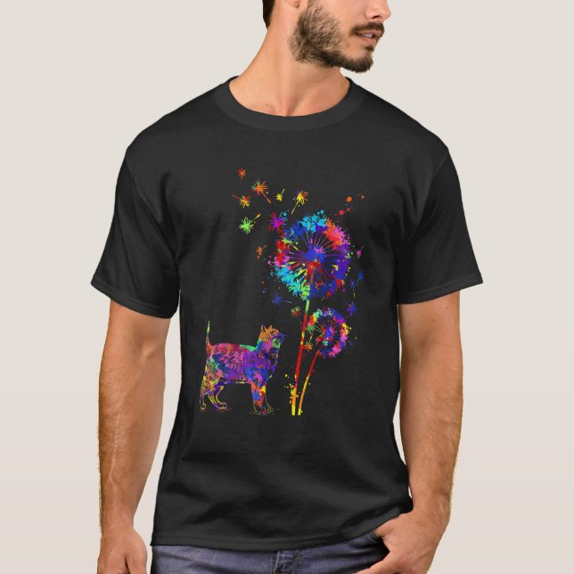 Cat Dandelion Flower Cat Watercolor Men Women T-Shirt (Front)