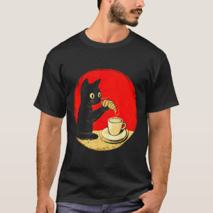 Cat Dipping Croissant In Coffee Cute Black Cat Foo T-Shirt