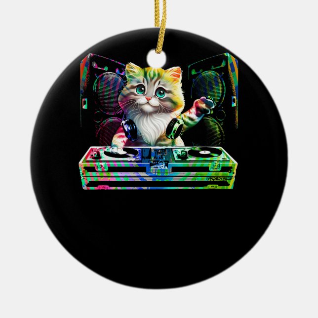 Cat DJ Colourful Producer DeeJay Disc Jockey Music Ceramic Tree Decoration (Front)