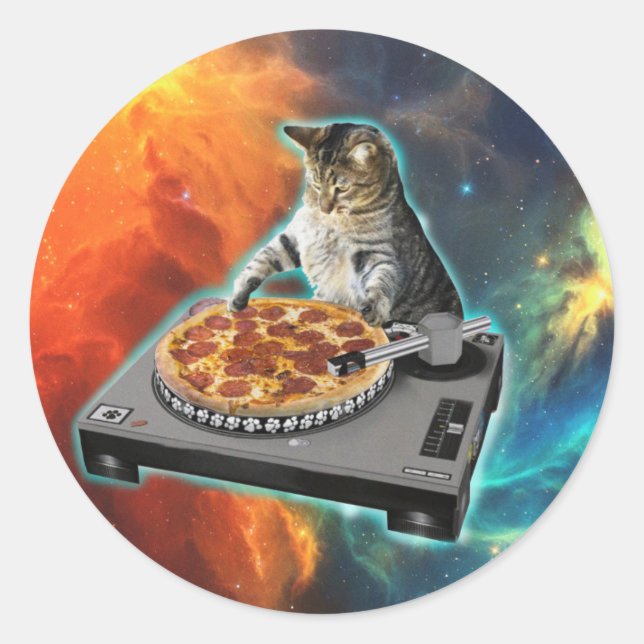 Cat dj disc jockey's sound table classic round sticker (Front)