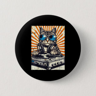 Cat Dj Headphone Turntable Vintage Music Edm Men W 6 Cm Round Badge