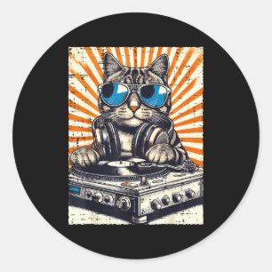Cat Dj Headphone Turntable Vintage Music Edm Men W Classic Round Sticker