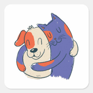 CAT DOG HUGGING SQUARE STICKER