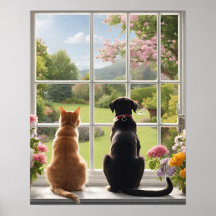 Cat Dog Looking out the Window Poster