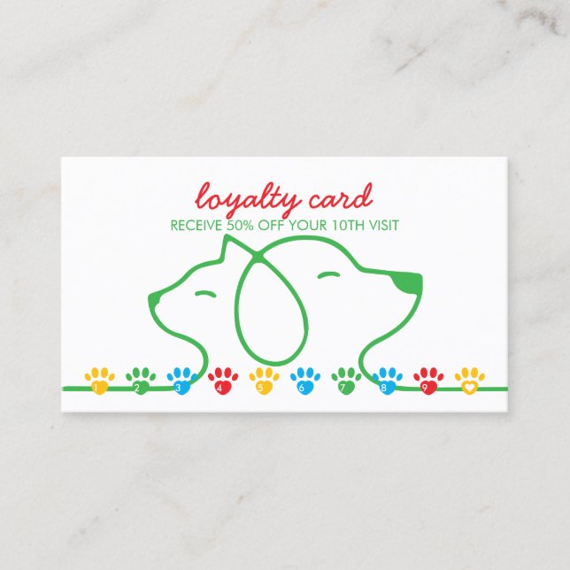 Cat Dog Paws green red blue punch Discount Loyalty Business Card (Front)