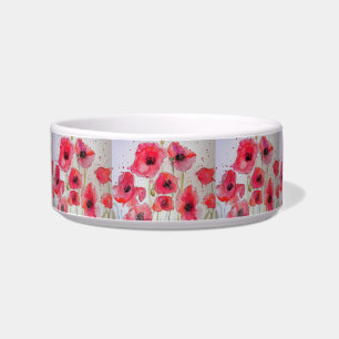 Cat Dog Red Floral Poppy Poppies Pet Name Bowl