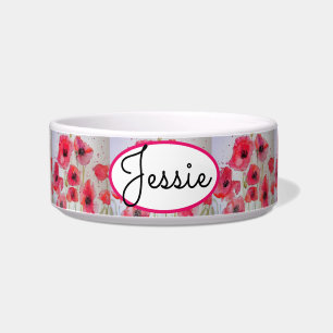 Cat Dog Red Floral Poppy Poppies Pet Name Bowl