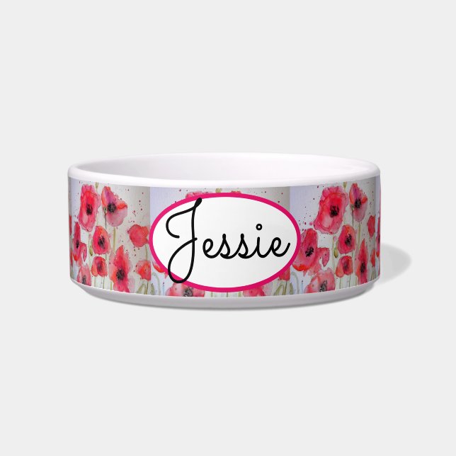 Cat Dog Red Floral Poppy Poppies Pet Name Bowl (Front)