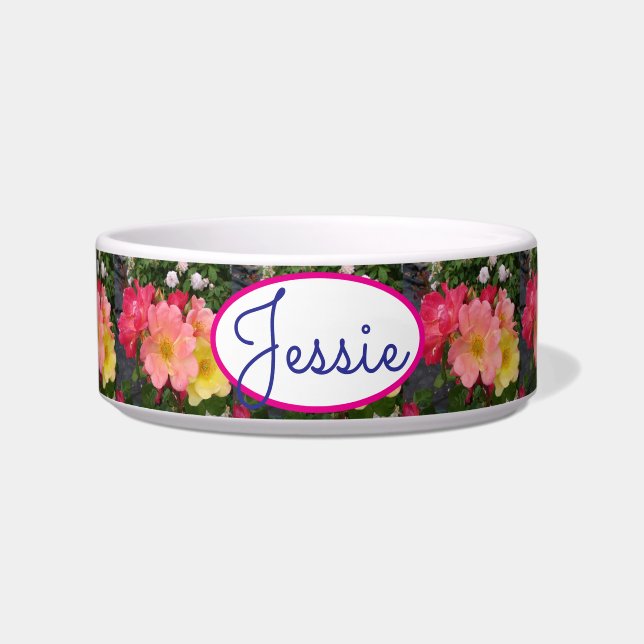 Cat Dog Red Yellow Floral Rose Roses Pet Name Bowl (Front)
