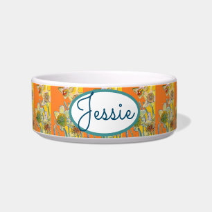 Cat Dog Shabby Floral Orange Daffodil Pet Name Bowl