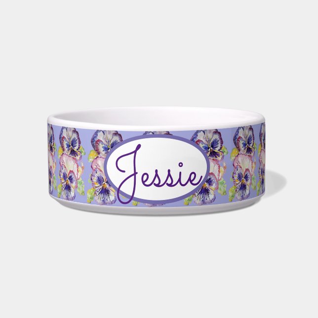 Cat Dog Shabby Floral Pansy Pansies Pet Name Bowl (Front)
