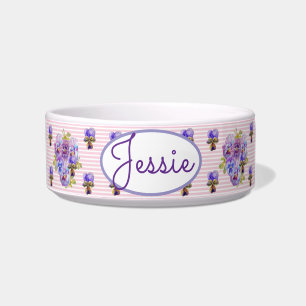 Cat Dog Shabby Floral Pansy Pink Pet Name Bowl
