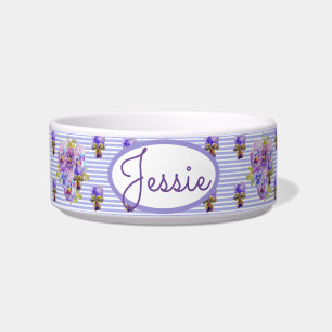 Cat Dog Shabby Floral Pastel Purple Cute Pet Name Bowl