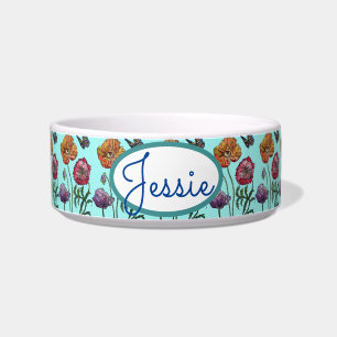 Cat Dog Shabby Floral Poppies Poppy Cute Pet Name Bowl