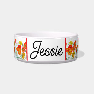 Cat Dog Shabby Floral Poppy Poppies Pet Name Bowl