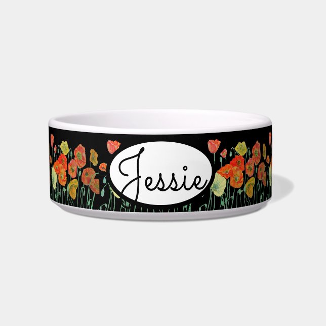 Cat Dog Shabby Floral Poppy Poppies Pet Name Bowl (Front)