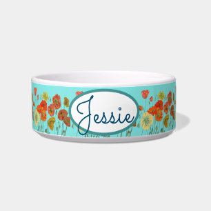 Cat Dog Shabby Floral Poppy Poppies Pet Name Bowl
