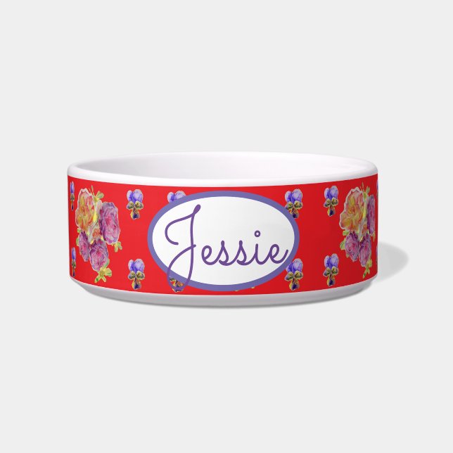 Cat Dog Shabby Floral Red Rose Roses Pet Name Bowl (Front)