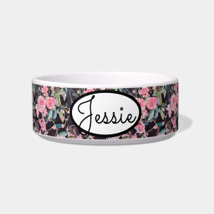 Cat Dog Shabby Floral Rose Roses Pink Pet Name Bowl