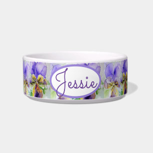 Cat Dog Shabby Floral Viola Flower Purple Pet Name Bowl
