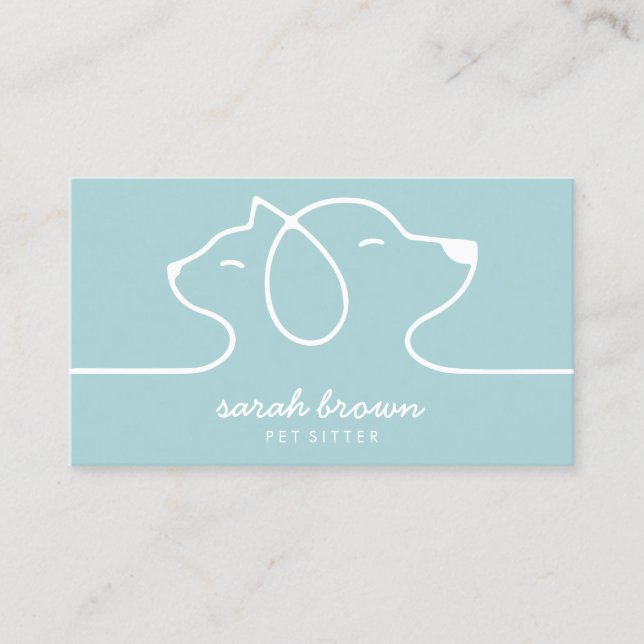Cat Dog Teal Line Logo Petsitter Business Card (Front)