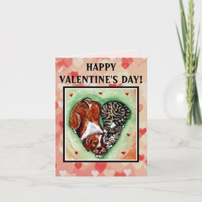 Cat Dog Valentine Heart Pink Red Friend Pet Animal Card (Front)