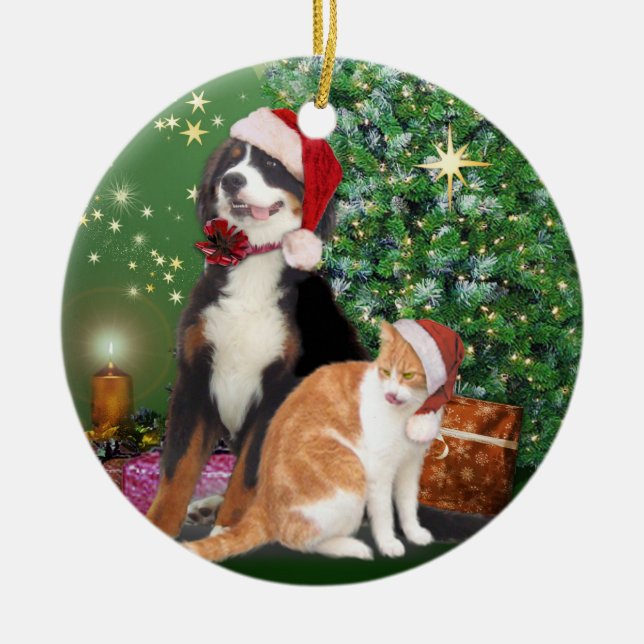Cat & Dog with Santa Hats Ceramic Tree Decoration (Front)