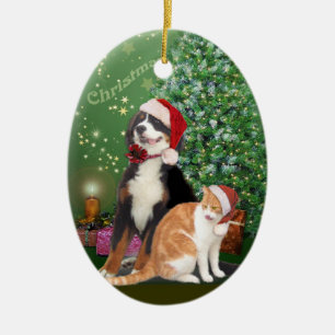 Cat & Dog with Santa Hats Ceramic Tree Decoration