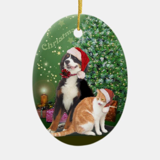 Cat & Dog with Santa Hats Ceramic Tree Decoration (Front)