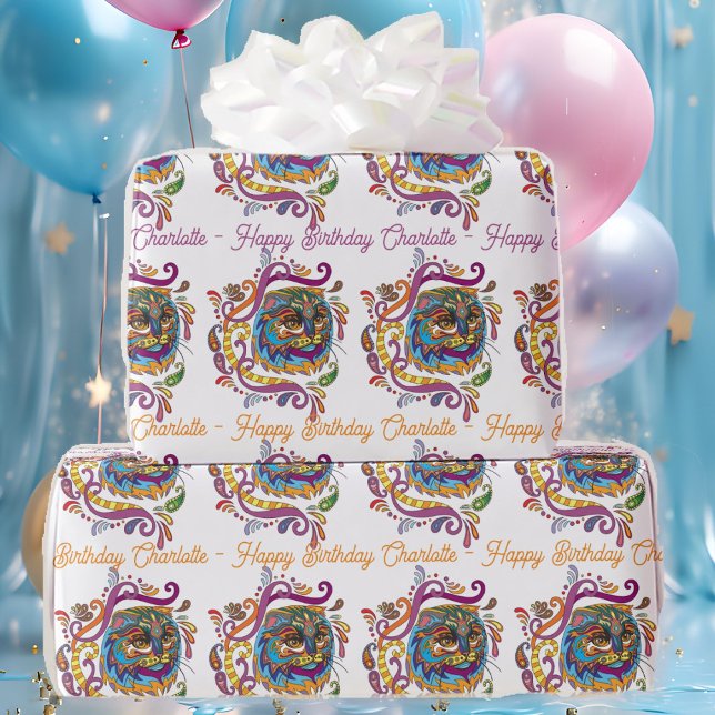 Cat Doodle Colourful Birthday Add Name Greeting Wrapping Paper (Creator Uploaded)