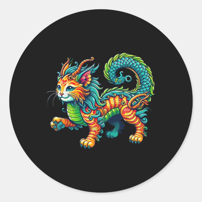 Cat Dragon Happy Chinese New Year 2024 Womens Mens Classic Round Sticker (Front)