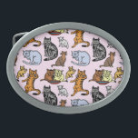 Cat Drawing Cute Vintage Pattern Oval Belt Buckle<br><div class="desc">This cute cat pattern belt buckle shows eight different cats and kittens in various poses, all coloured in shades of orange, grey, blue, brown and cream. Two cats sit in front of a bowl. One lounges. One sits and stares. One licks its paw. And the other three are playing. All...</div>