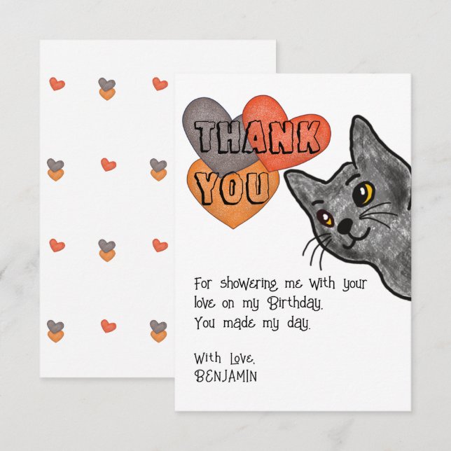 Cat Drawing Kids Birthday Party Thank You Card (Front/Back)