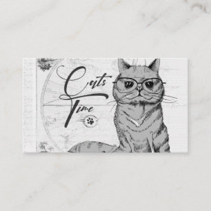 Cat drawing, old classic vintage look, light gray business card