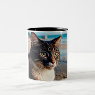 Cat Dreaming of the Beach: Two-Tone Cat Coffee Mug