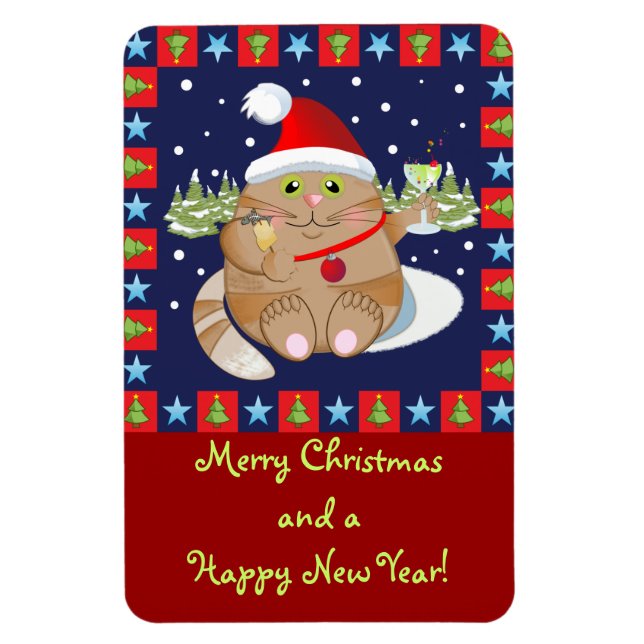 Cat drinking a cocktail + text Christmas magnet (Vertical)