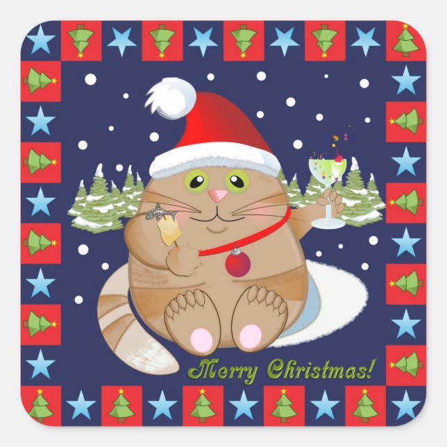 Cat drinking a cocktail + text Christmas sticker (Front)