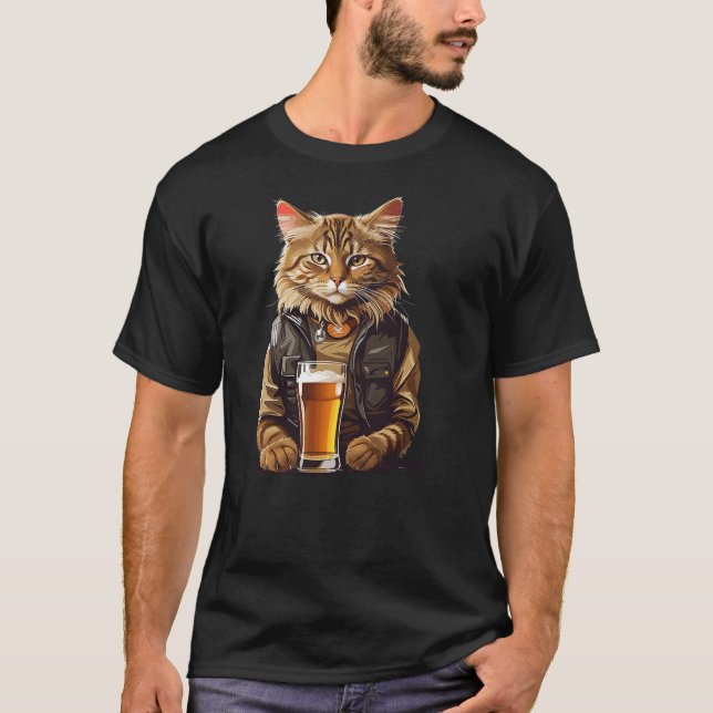 Cat Drinking Beer, Funny Beer Lover Cat, Cat Dad C T-Shirt (Front)